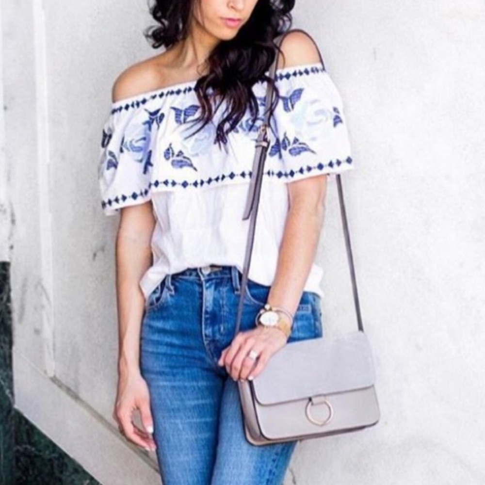 Blue Rain Embroidered Off-The-Shoulder Top